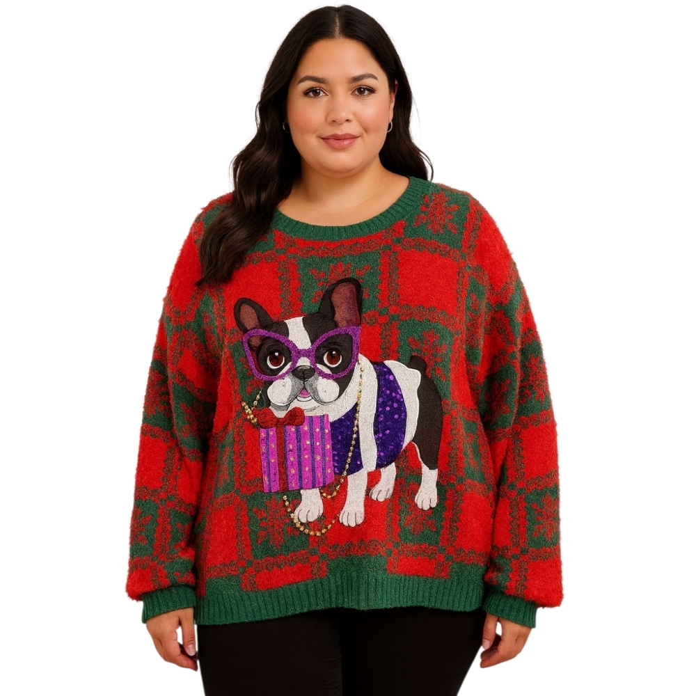 Holiday Time “Fashion Bulldog” Christmas Sweater 2X Red Green Plaid Dog Design